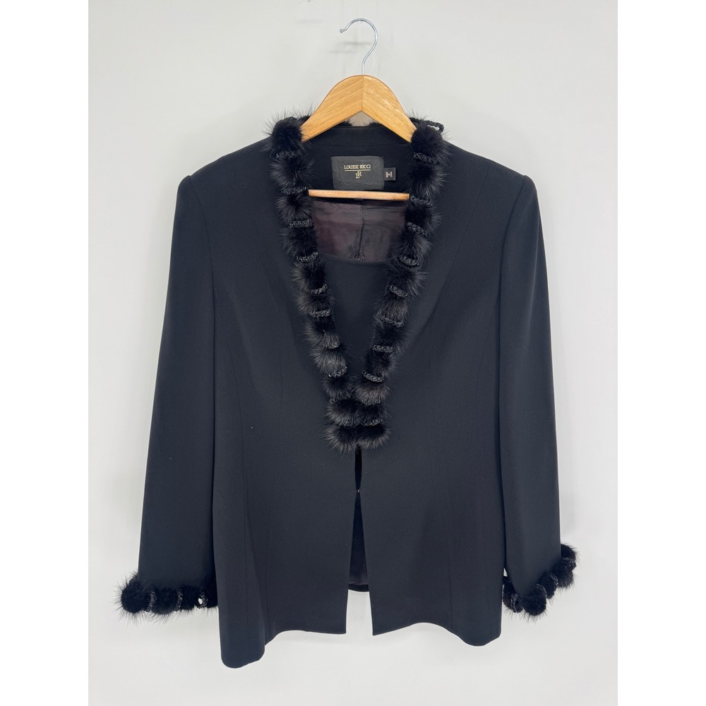 Louise Ricci Blazer Women 18 Faux Fur Trim Black Evening Luxury Gala Old Money